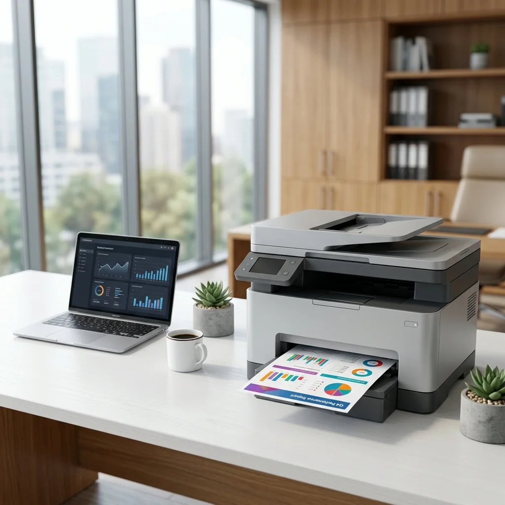Modern multifunction printer in a bright professional office