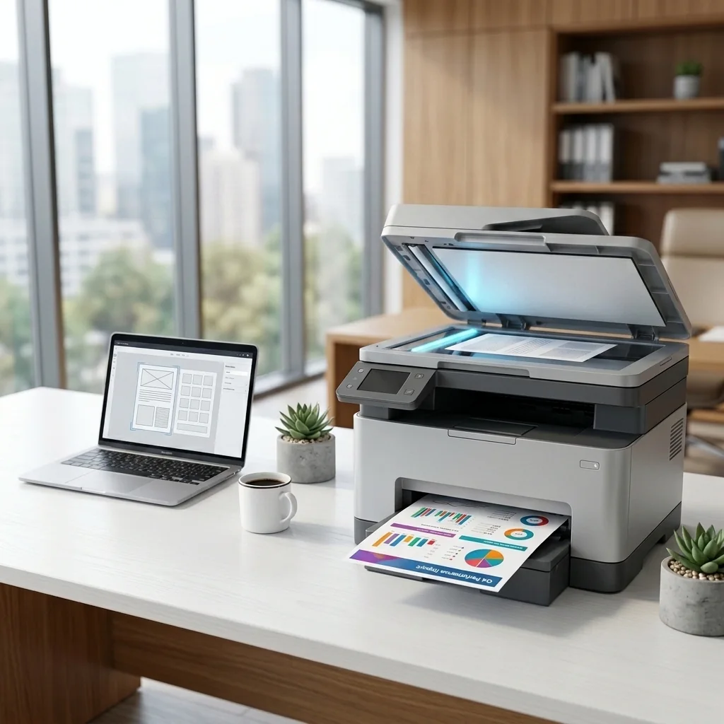 Open flatbed scanner with a document